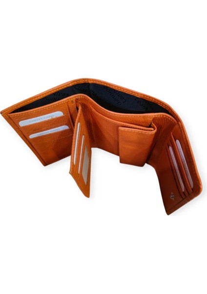 Turuncu Hakiki Deri Çok Bölmeli Cüzdan