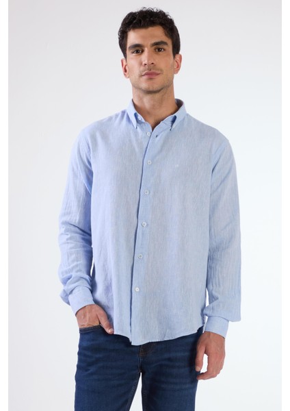 Koyu Mavi Keten Düz Renk Uzun Kol Regular Fit Erkek Gömlek