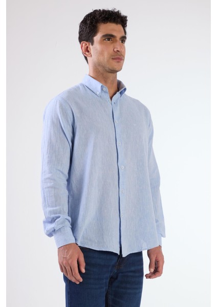 Koyu Mavi Keten Düz Renk Uzun Kol Regular Fit Erkek Gömlek fiyatları