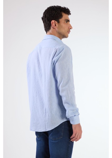 Koyu Mavi Keten Düz Renk Uzun Kol Regular Fit Erkek Gömlek modelleri