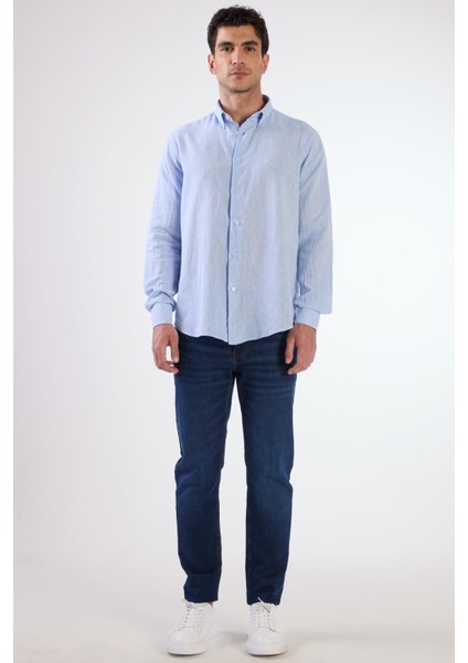 Koyu Mavi Keten Düz Renk Uzun Kol Regular Fit Erkek Gömlek fırsatları