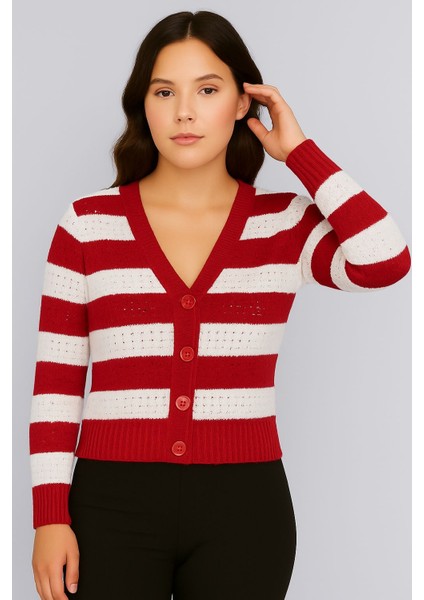 Kadın Önü Düğmeli ve Çift Renkli Triko Hırka