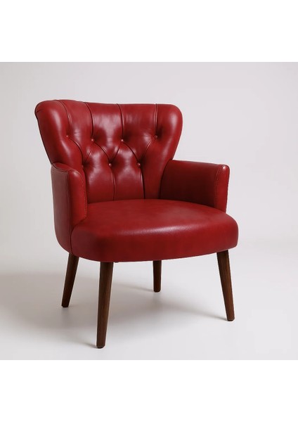 Roma Modern Berjer Tekli Koltuk - Deri Kumaş - Ahşap Ayak - Kırmızı