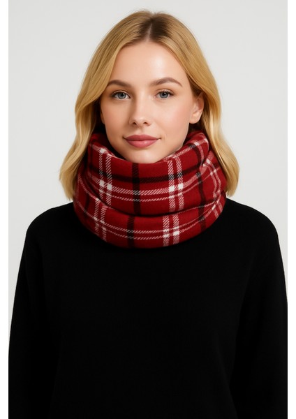 Kadın Kırmızı Ekose Desenli Püsküllü Kışlık Akrilik Şal Atkı