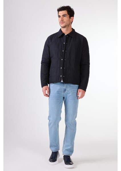 Lacivert Kapitone Slim Fit Çıtçıt Kapamalı Erkek Mont