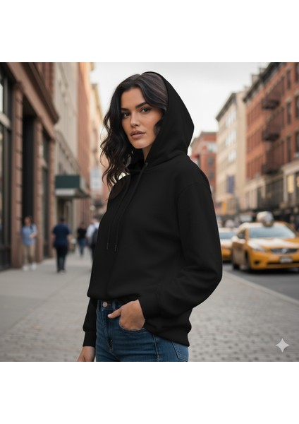 Relax Fit Kapüşonlu Kanguru Cepli Kalın Basic Düz Siyah Sweatshirt Içi Polarlı