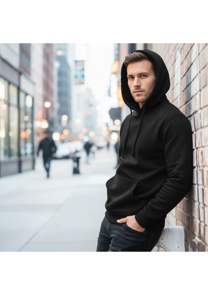 Relax Fit Kapüşonlu Kanguru Cepli Kalın Basic Düz Siyah Sweatshirt Içi Polarlı fiyatları