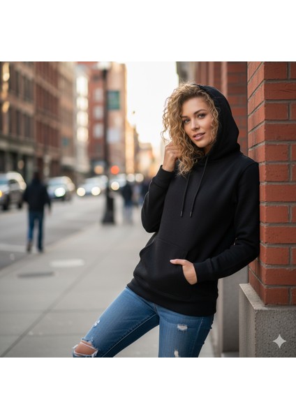 Relax Fit Kapüşonlu Kanguru Cepli Kalın Basic Düz Siyah Sweatshirt Içi Polarlı fırsatları