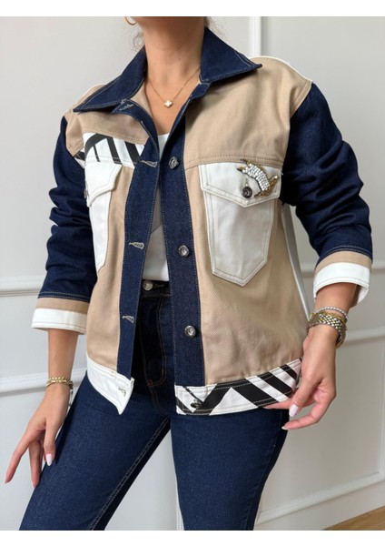 Bej Kuş Detaylı Jean Ceket