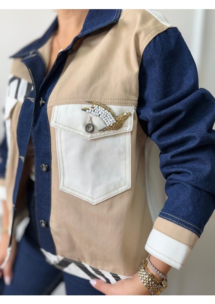 Bej Kuş Detaylı Jean Ceket modelleri