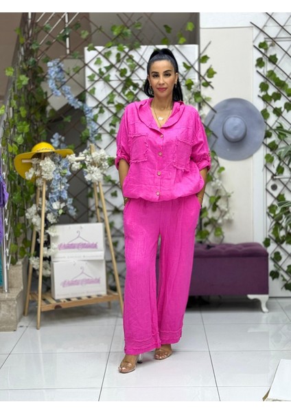 PT2256 Italyan Önü Cepli Kapüşonlu Keten Takım Pembe modelleri