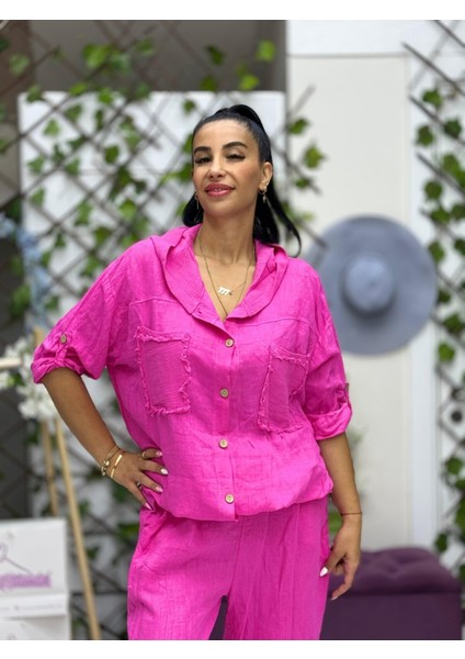 PT2256 Italyan Önü Cepli Kapüşonlu Keten Takım Pembe