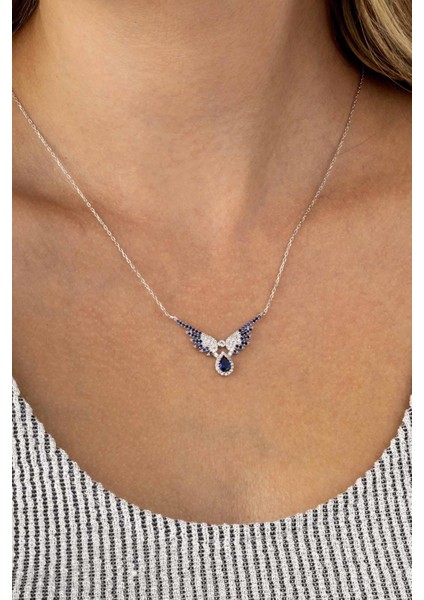 Lacivert Taşlı Melek Kanadı 925 Ayar Gümüş Kadın Kolye modelleri