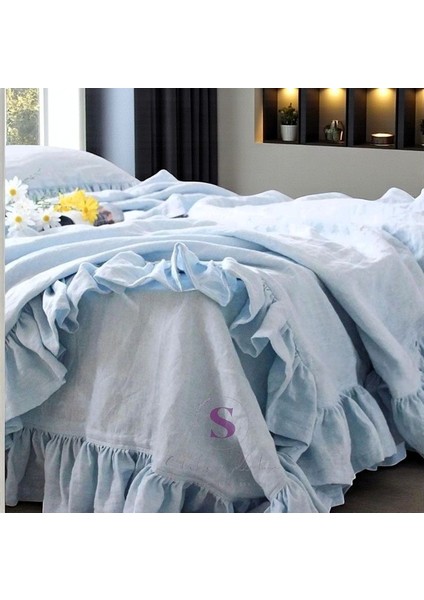 % 100 Pamuk Mavi Fırfırlı Keten Çift Kişilik Nevresim Takımı (200 X220)