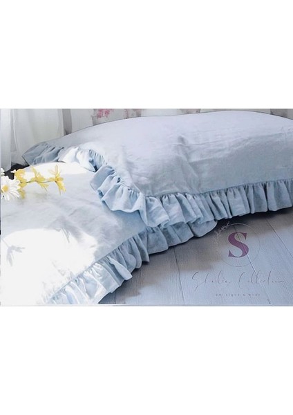 % 100 Pamuk Mavi Fırfırlı Keten Çift Kişilik Nevresim Takımı (200 X220) fiyatları