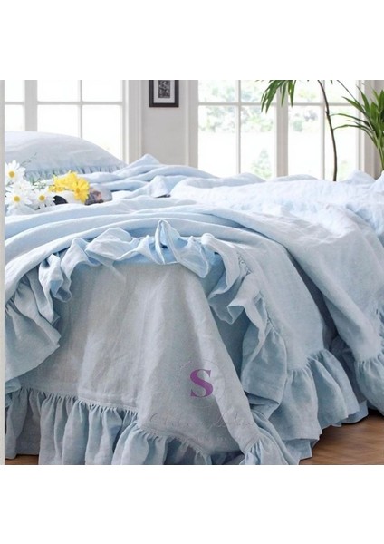 % 100 Pamuk Mavi Fırfırlı Keten Çift Kişilik Nevresim Takımı (200 X220) modelleri
