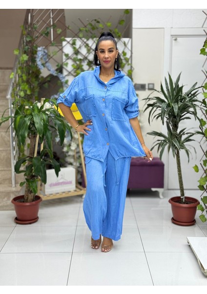 PT2256 Italyan Önü Cepli Kapüşonlu Keten Takım Mavi modelleri