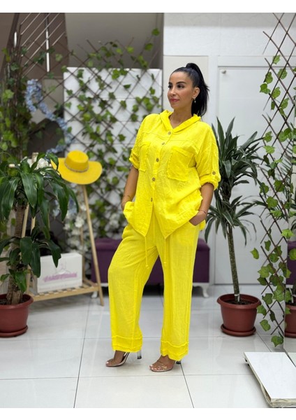 PT2256 Italyan Önü Cepli Kapüşonlu Keten Takım Sarı