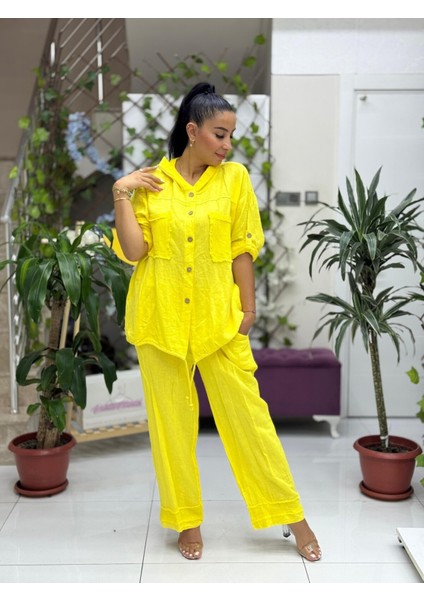 PT2256 Italyan Önü Cepli Kapüşonlu Keten Takım Sarı modelleri