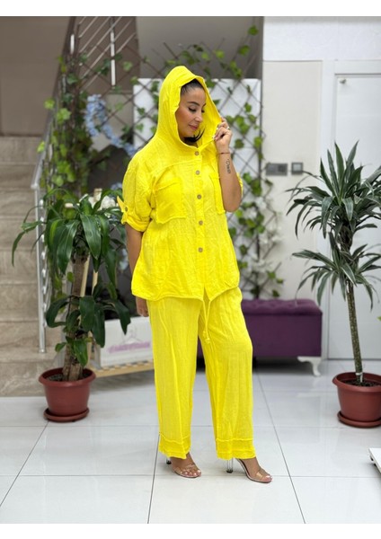 PT2256 Italyan Önü Cepli Kapüşonlu Keten Takım Sarı fırsatları