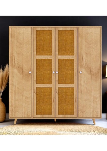 Bali Bohem Jüt 4 Kapaklı Gardırop Jüt Mdf Kapaklı Elbise Dolabı 160CM