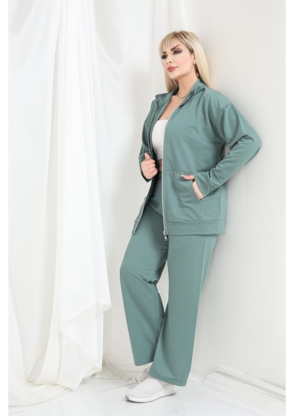 Kadın Büyük Beden Fermuarlı Uzun Kollu Rahat Günlük Eşofman Takım