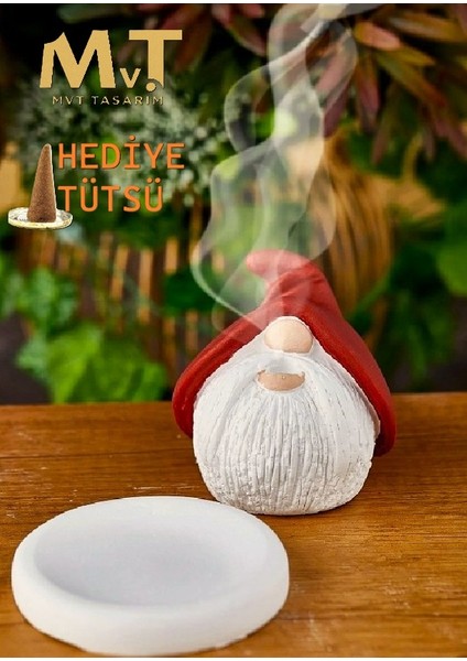 Kırmızı Cüce Tasarım Konik Tütsülük + Tabak + Tütsü, Ortam Kokusu Biblo Takımı