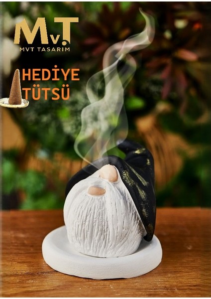 Siyah Şapkalı Cüce Tasarım Konik Tütsülük + Tabak + Tütsü Hediyeli, Ortam Kokusu Biblo Takımı