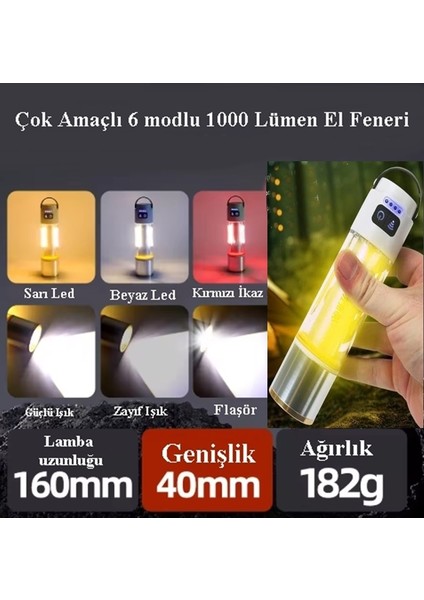 GP-222 Zoomlu 1000LM Şarjlı Çok Fonksiyonlu El Feneri - Beyaz-Kırmızı-Sarı Ledli 6 Mod Kamp Lambası
