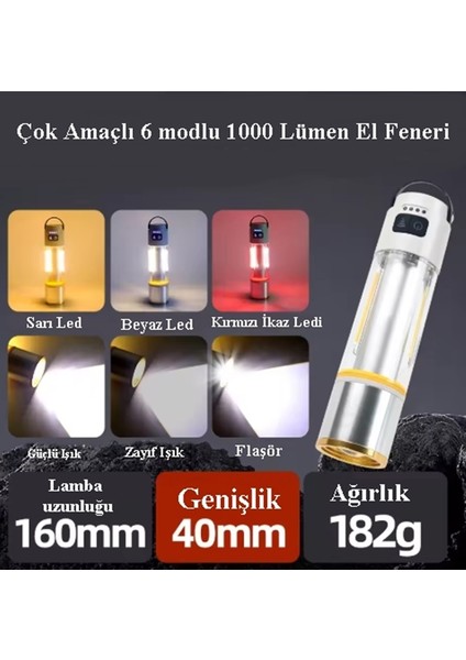 GP-222 Zoomlu 1000LM Şarjlı Çok Fonksiyonlu El Feneri - Beyaz-Kırmızı-Sarı Ledli 6 Mod Kamp Lambası