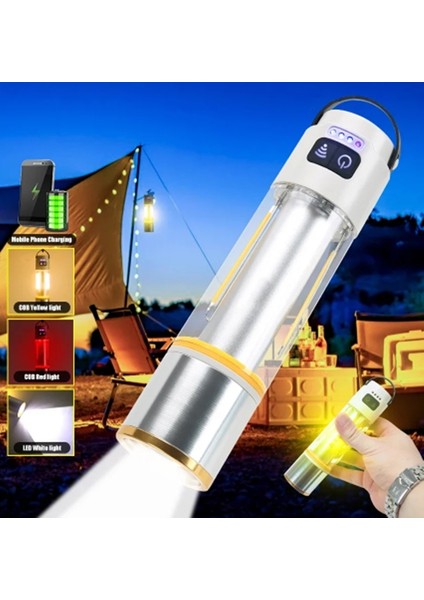 GP-222 Zoomlu 1000LM Şarjlı Çok Fonksiyonlu El Feneri - Beyaz-Kırmızı-Sarı Ledli 6 Mod Kamp Lambası
