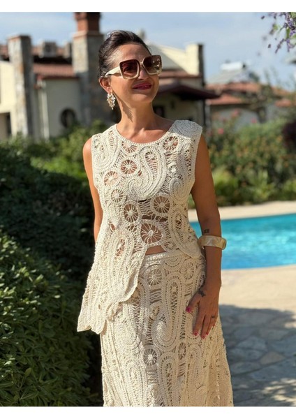 PT74730 Makrome Etek Asimetrik Bluz Takım Krem