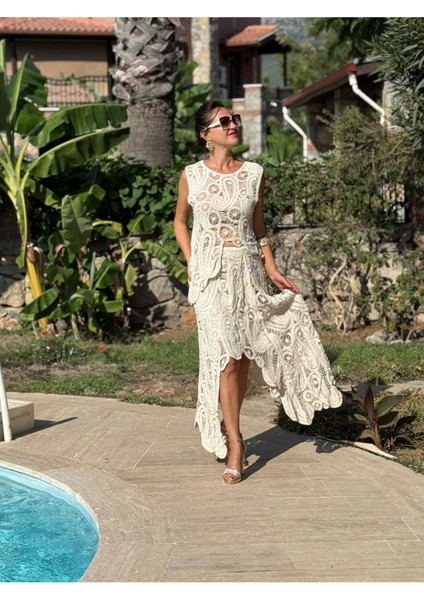 PT74730 Makrome Etek Asimetrik Bluz Takım Krem fiyatları