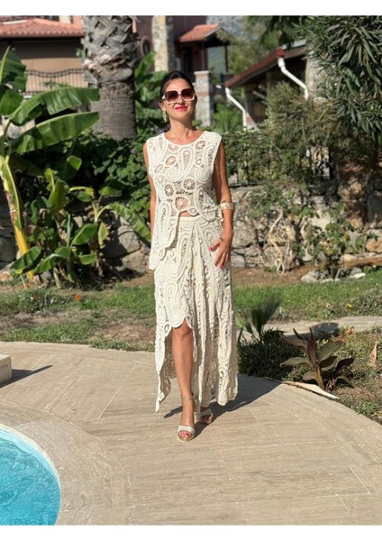 PT74730 Makrome Etek Asimetrik Bluz Takım Krem modelleri