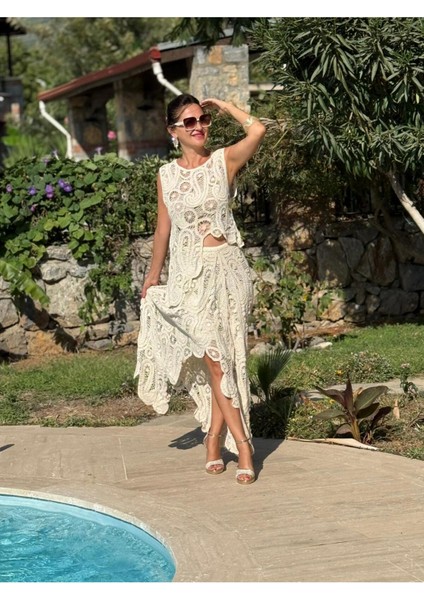 PT74730 Makrome Etek Asimetrik Bluz Takım Krem indirimleri