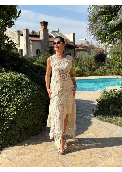 PT74730 Makrome Etek Asimetrik Bluz Takım Krem