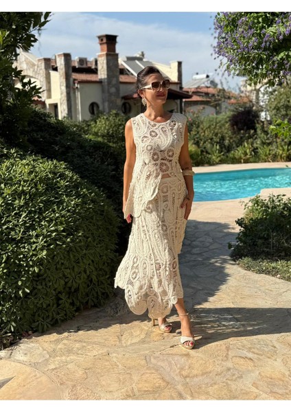 PT74730 Makrome Etek Asimetrik Bluz Takım Krem