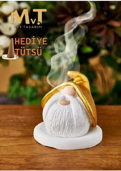 Gold Cüce Tasarım Konik Tütsülük + Tabak + Tütsü Hediyeli, Ortam Kokusu Biblo Takımı