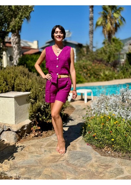 NC1350 Italyan Şortlu Yelekli Keten Takım Eflatun modelleri