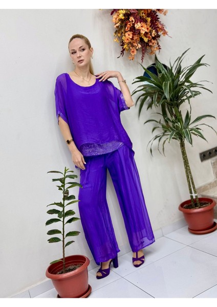 NC6641 Italyan Pulpayetli Ipek Takım Mor