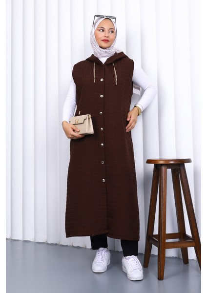 Kahverengi Kapüşonlu Kapitone Uzun Yelek fiyatları