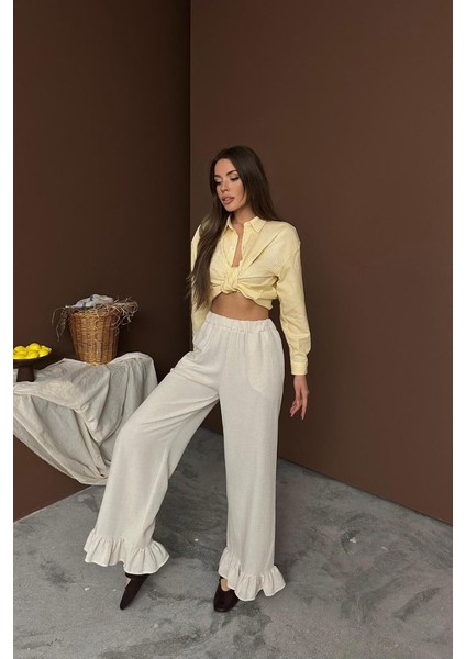 Siyah Paçası Fırfırlı Keten Pantolon fırsatları