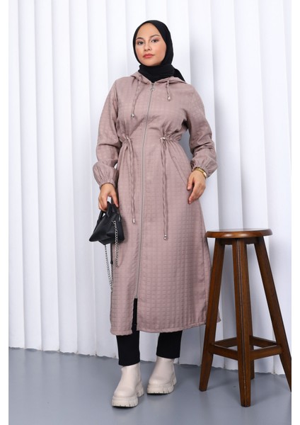 Vizon Kapşonlu Büyük Beden Kapitone Uzun Kaban