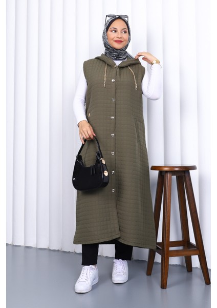 Haki Kapüşonlu Kapitone Uzun Yelek