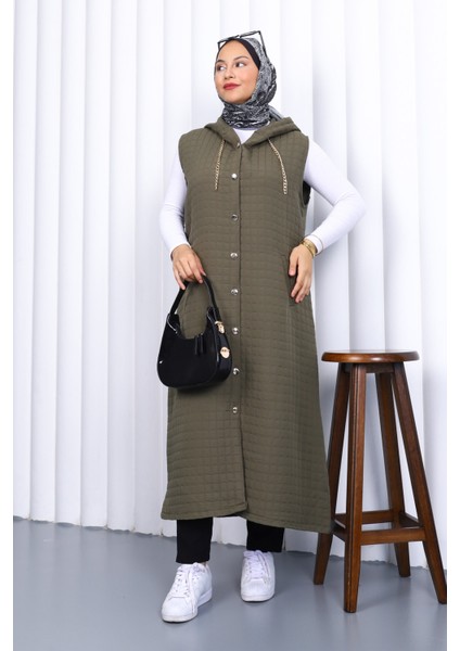 Haki Kapüşonlu Kapitone Uzun Yelek fiyatları