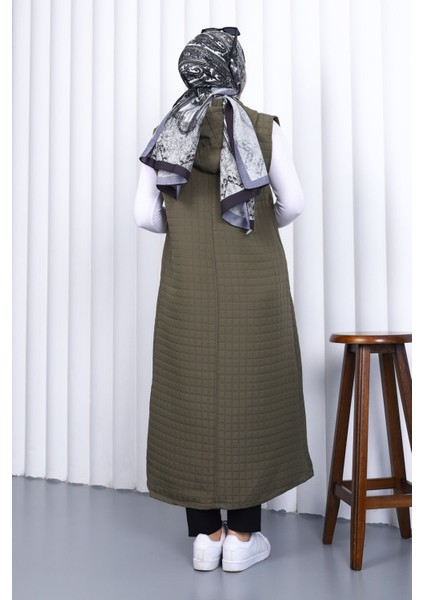 Haki Kapüşonlu Kapitone Uzun Yelek modelleri