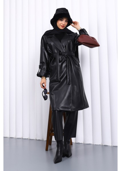 Siyah Kruvaze Yaka Kemerli Deri Trençkot