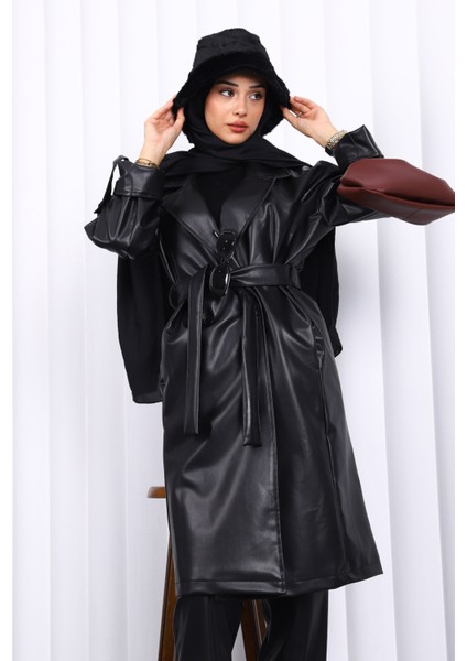 Siyah Kruvaze Yaka Kemerli Deri Trençkot fiyatları