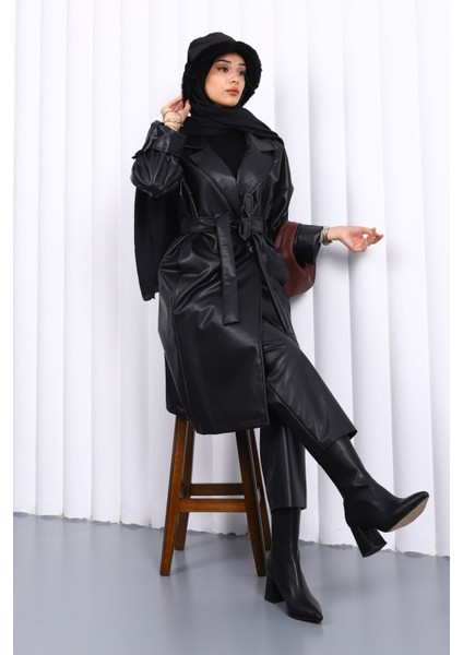 Siyah Kruvaze Yaka Kemerli Deri Trençkot modelleri