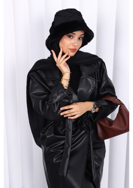 Siyah Kruvaze Yaka Kemerli Deri Trençkot fırsatları